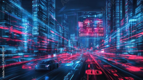 Futuristic city street, car driving, data streams, night scene, tech innovation