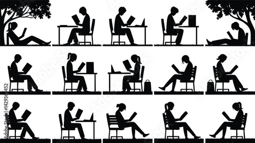 Silhouette illustrations of people reading in different environments