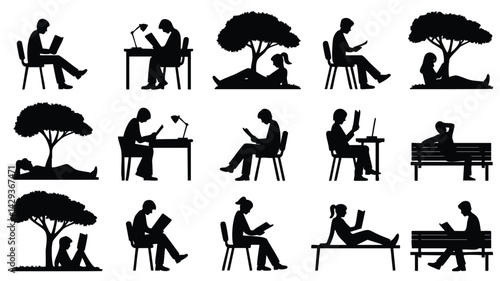 A collection of black and white silhouettes depicting people of various ages and genders engaging in reading activities