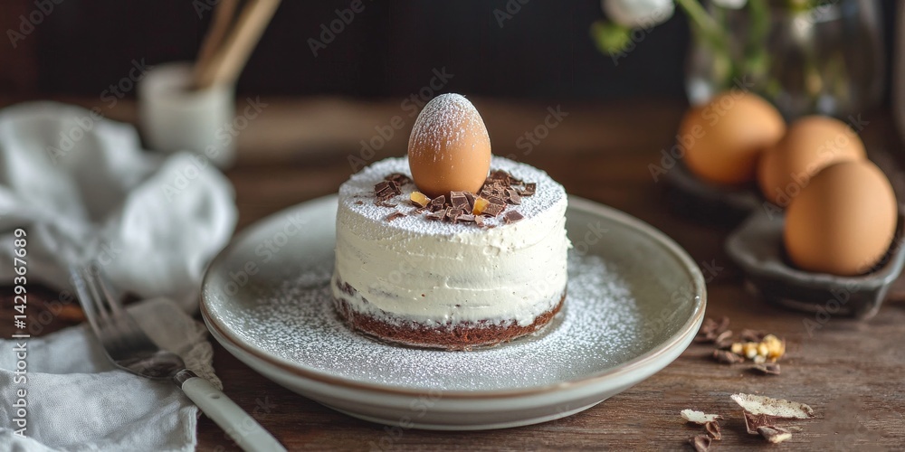 Delicious cake topped with a fresh egg. The design is simple yet elegant. Perfect for dessert lovers. A classic treat for celebrations and special occasions. A delightful visual appeal. AI