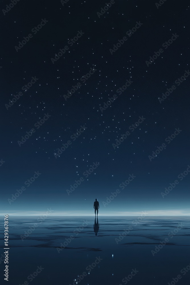 Fototapeta premium Dark sky with stars and single figure standing in front of ocean, looking towards camera