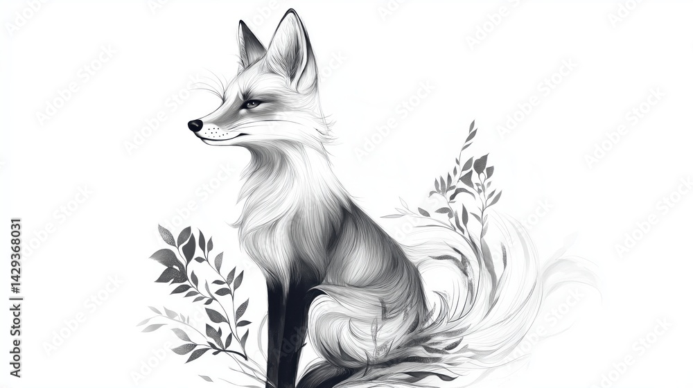 Obraz premium Tattoo design, a fox with ethereal details, on a white background, in shades of dark gray and light black. Romantic illustrations with a forestpunk aesthetic, featuring cute, cartoonish designs.