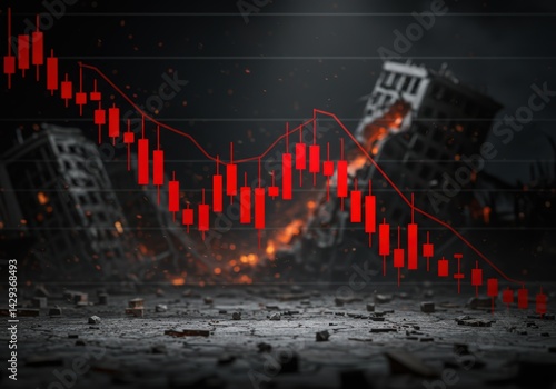 Red downward trend line on a stock market candlestick chart over destroyed buildings and rubble. Financial crisis and recession concept background for business report.