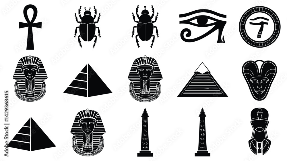 A set of black and white silhouette illustrations representing various iconic Egyptian symbols A set of black and white silhouette illustrations representing various iconic Egyptian symbols