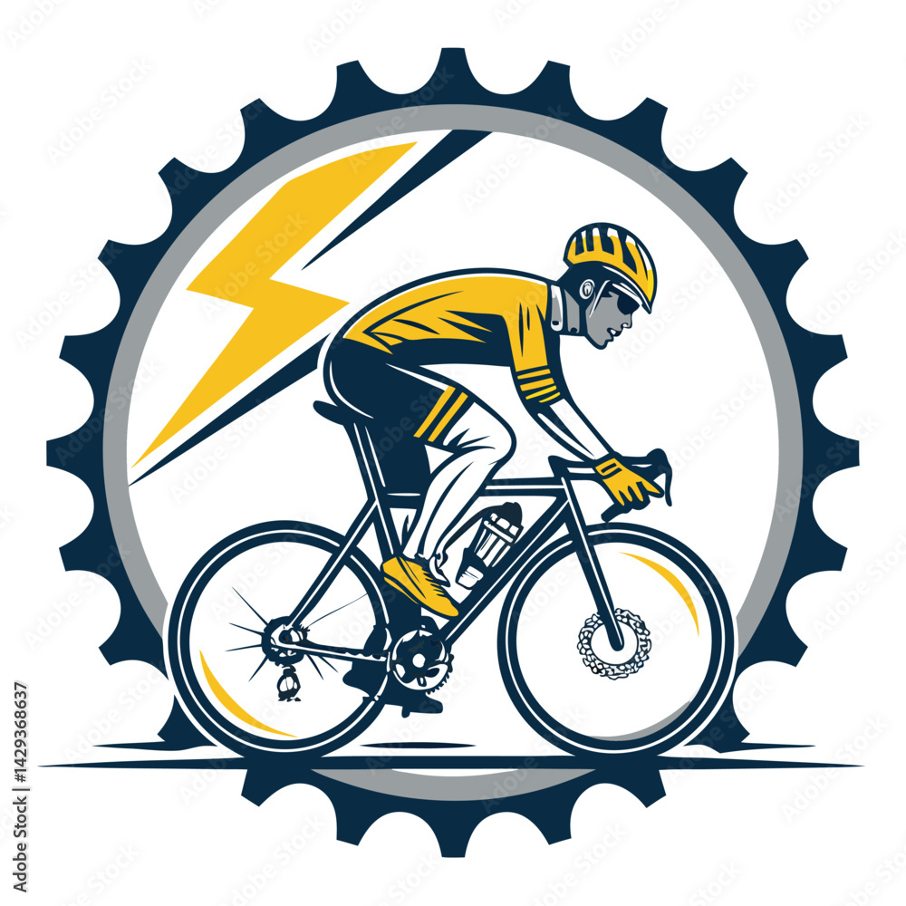 Fototapeta premium A dynamic cyclist, blurred in motion, forms a lightning bolt shape within the frame. Focus on speed and energy.