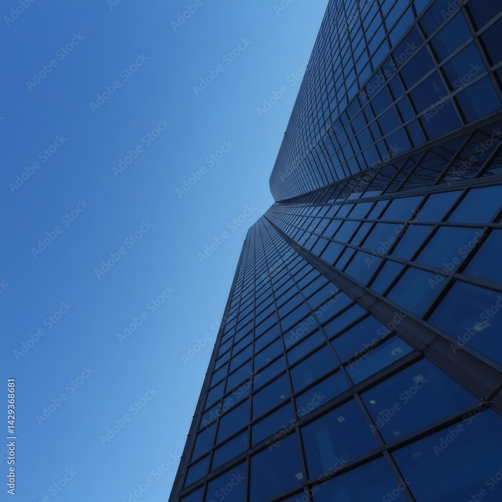 Fototapeta premium A tall skyscraper reaches towards a clear, vibrant blue sky, showcasing its modern glass exterior.