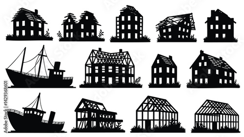 This image set features black silhouettes of various abandoned structures, including houses in different stages of decay (some with roofs, some with just frames), and a ship