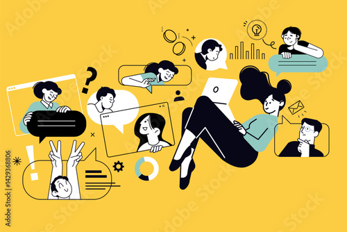 Creative illustration of online services, communication, social network, internet business. Vector concept for web banner, social media banner, business presentation, marketing material. 