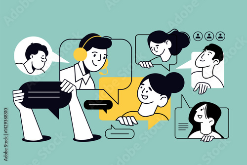 Creative illustration of support, online communication, conference call, call center. Vector concept for web banner, social media banner, business presentation, marketing material. 