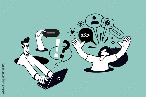 Creative illustration of online communication, social network. Vector concept for web banner, social media banner, business presentation, marketing material. 