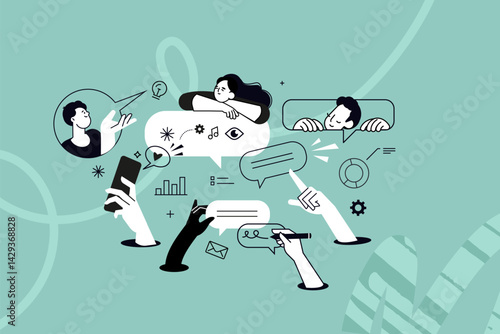 Creative illustration of social media, communication, teamwork. Vector concept for web banner, social media banner, business presentation, marketing material. 