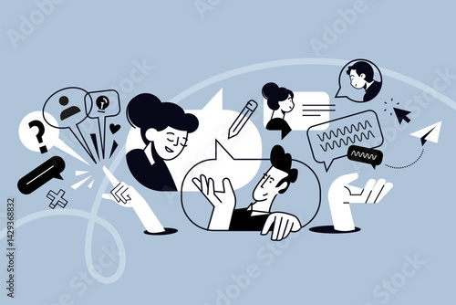 Creative illustration of exchange of creative ideas, information and opinions, communication. Vector concept for web banner, social media banner, business presentation, marketing material. 