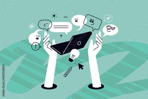 Creative illustration of social network, chat room, chatting, online communication. Vector concept for web banner, social media banner, business presentation, marketing material. 