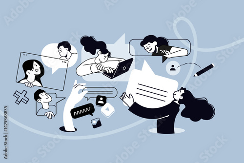 Creative illustration of social network, communication app, conversation. Vector concept for web banner, social media banner, business presentation, marketing material. 