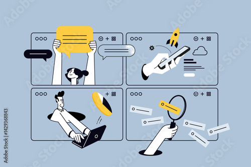Creative illustrations of startup, project development, communication, serch and browsing, data analytics, market research. Vector concepts for web banner, social media banner, business and marketing.