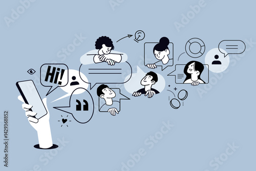 Creative illustration of community, social media, communication, chatting. Vector concept for web banner, social media banner, business presentation, marketing material. 
