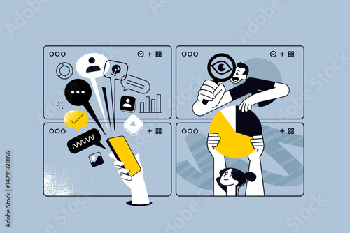 Creative illustrations of social network, mobile apps and services, searching and data analytics. Vector concepts for web banner, social media banner, business presentation, marketing material. 