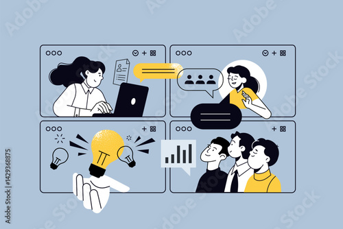 Creative illustrations of human resources, career, startup, conference call, management. Vector concepts for web banner, social media banner, business presentation, marketing material. 