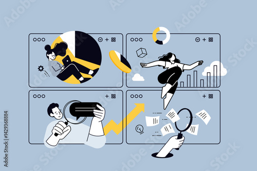 Creative illustrations of seo, report, analytics and analysis, business documents. Vector concepts for web banner, social media banner, business presentation, marketing material. 