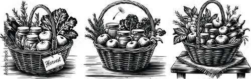 Vintage Harvest Basket Illustration Set, Hand-Drawn Produce and Preserves Clipart