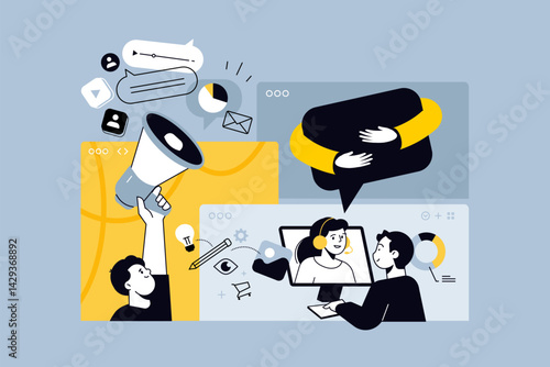 Creative illustrations of digital marketing, technical support, communication. Vector concepts for web banner, social media banner, business presentation, marketing material. 