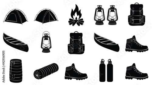 This set of camping icons features silhouettes of essential outdoor gear, including tents, a campfire, lanterns, backpacks, canoes, hiking boots, water bottles, and sleeping bags