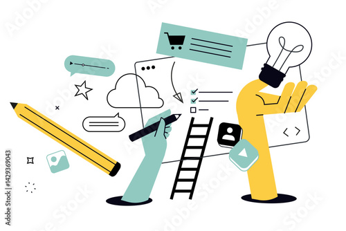Creative illustration of internet services, ecommerce, cloud computing, social media, web development. Vector concept for web banner, social media banner, business presentation, marketing material. 