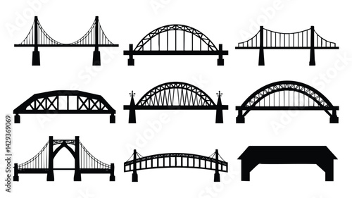 This image showcases a variety of bridge silhouettes, including cable-stayed, arch, and truss designs