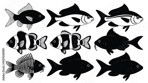 This image features a collection of stylized, black and white silhouette fish