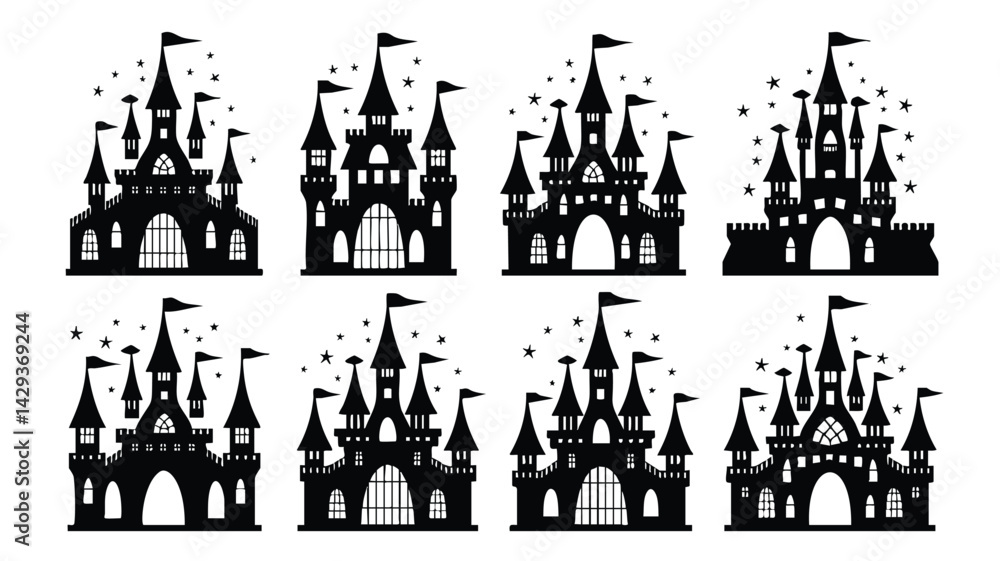 A set of six black silhouette images of whimsical castles, perfect for use in children's crafts, decor, or digital projects A set of six black silhouette images of whimsical castles, perfect for use in children's crafts, decor, or digital projects