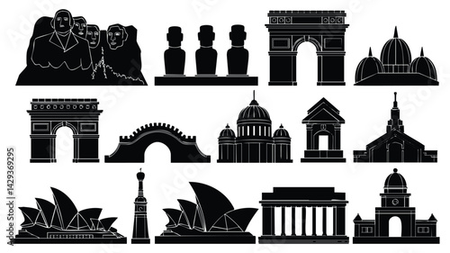 This image showcases a collection of black silhouettes of iconic landmarks from around the globe