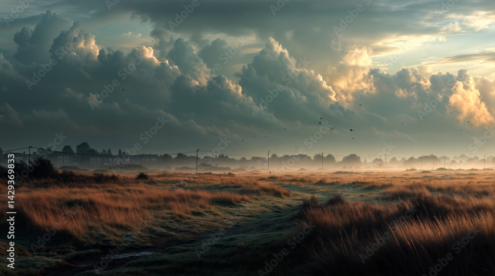 The image depicts a serene countryside landscape at either dawn or dusk, with a misty field and a pathway leading towards a small town