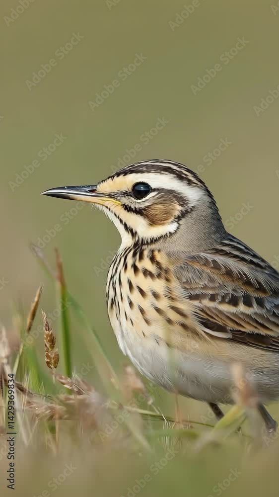 Meadow pipit rests in the grass, showing its streaked breast and head in its natural habitat Meadow pipit rests in the grass, showing its streaked breast and head in its natural habitat