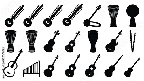 A diverse collection of black silhouette musical instruments, including various types of drums, guitars, string instruments, and percussion instruments