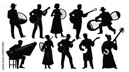 A collection of black silhouette figures, depicting men and women playing various stringed instruments