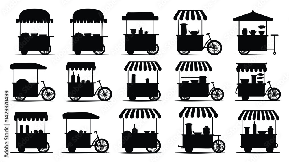 A set of twelve silhouette illustrations of food carts, showing various styles and potential food offerings A set of twelve silhouette illustrations of food carts, showing various styles and potential food offerings