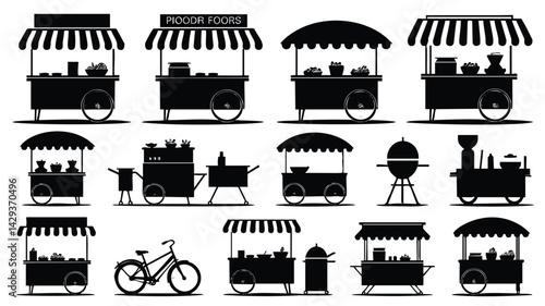 This image features a set of various street food carts in silhouette