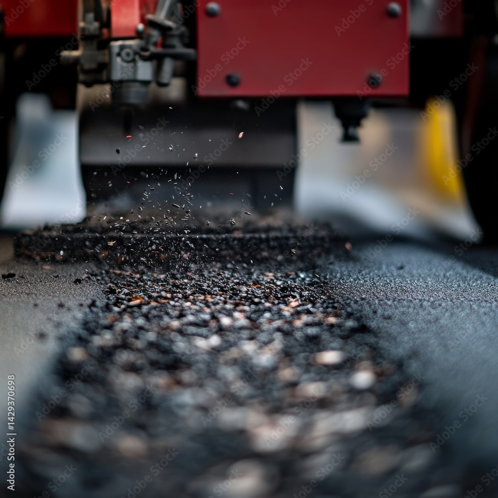 A close-up view of a road paving machine laying asphalt. The machine works smoothly while producing a trail of fresh asphalt. This image showcases construction and engineering in action. AI