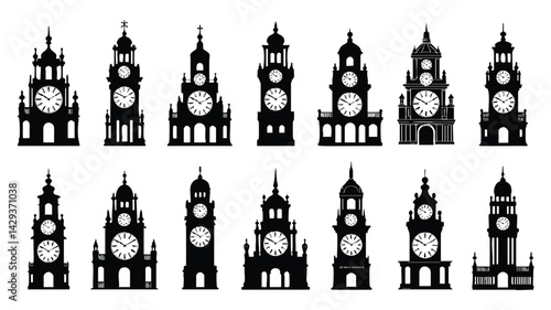 A set of twelve black silhouettes of ornate clock towers, perfect for graphic design projects, website backgrounds, or any design needing a touch of vintage elegance
