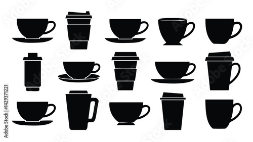 Simple black silhouette illustrations of various coffee cups, teacups, and to-go containers, including different shapes and sizes