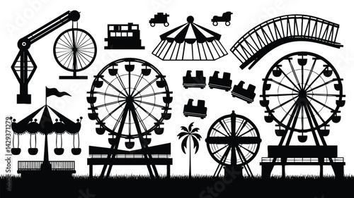 This image features a collection of black silhouettes of various amusement park rides, including Ferris wheels, roller coasters, a carousel, a swing ride, and a crane