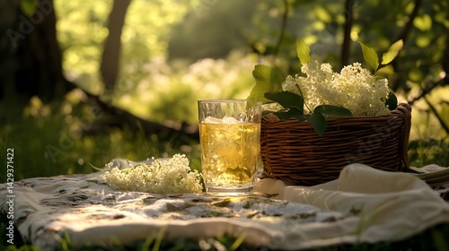 A scenic picnic setting with a glass of elderflower cordial