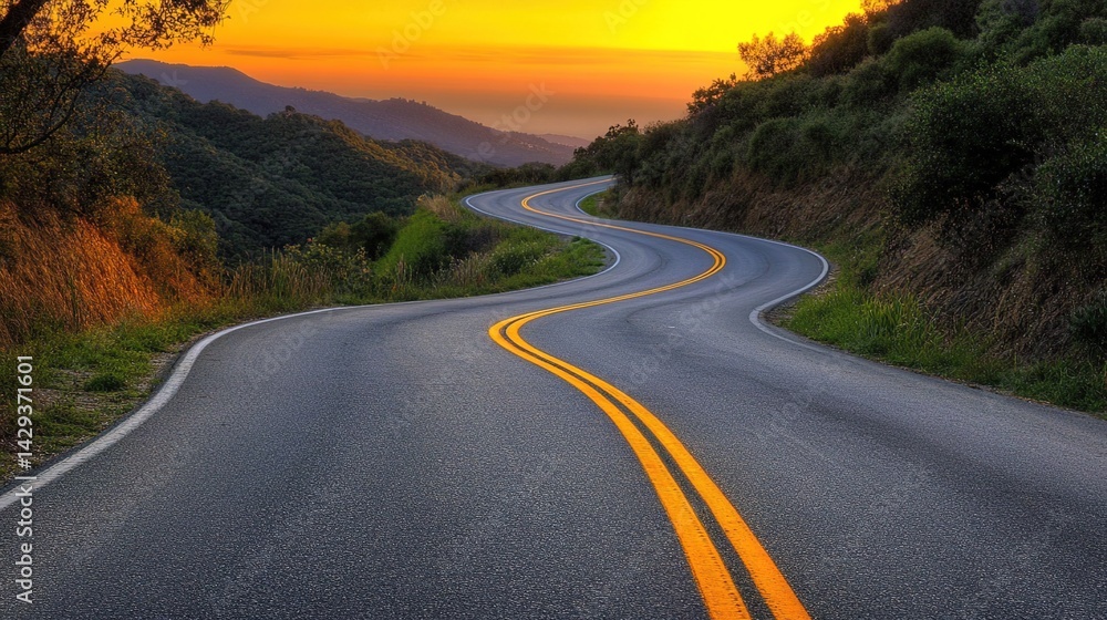 Fototapeta premium A winding asphalt road under a golden sunset stretches beside a slope with vegetation and an open sea horizon, highlighted by yellow and white road markings for scenic travel imagery.