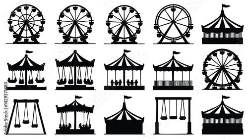 This image features a collection of black silhouette illustrations of various amusement park rides, including Ferris wheels, carousels, and swings