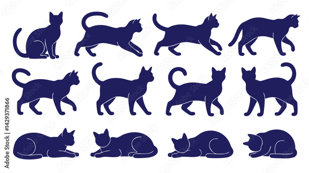 Fototapeta premium A set of twelve stylized, dark blue cat silhouettes in various poses, including sitting, running, and resting