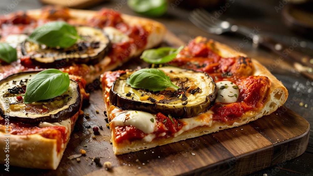 Extreme close-up of pizza con melanzane layered with grilled eggplant, cheese, and tangy tomato sauce. Extreme close-up of pizza con melanzane layered with grilled eggplant, cheese, and tangy tomato sauce.