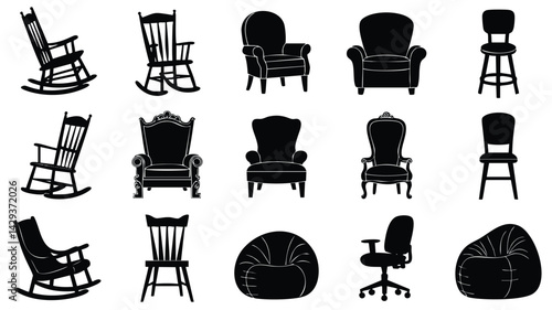 A set of black silhouettes of different types of furniture, including rocking chairs, armchairs, thrones, bar stools, office chairs, and beanbag chairs
