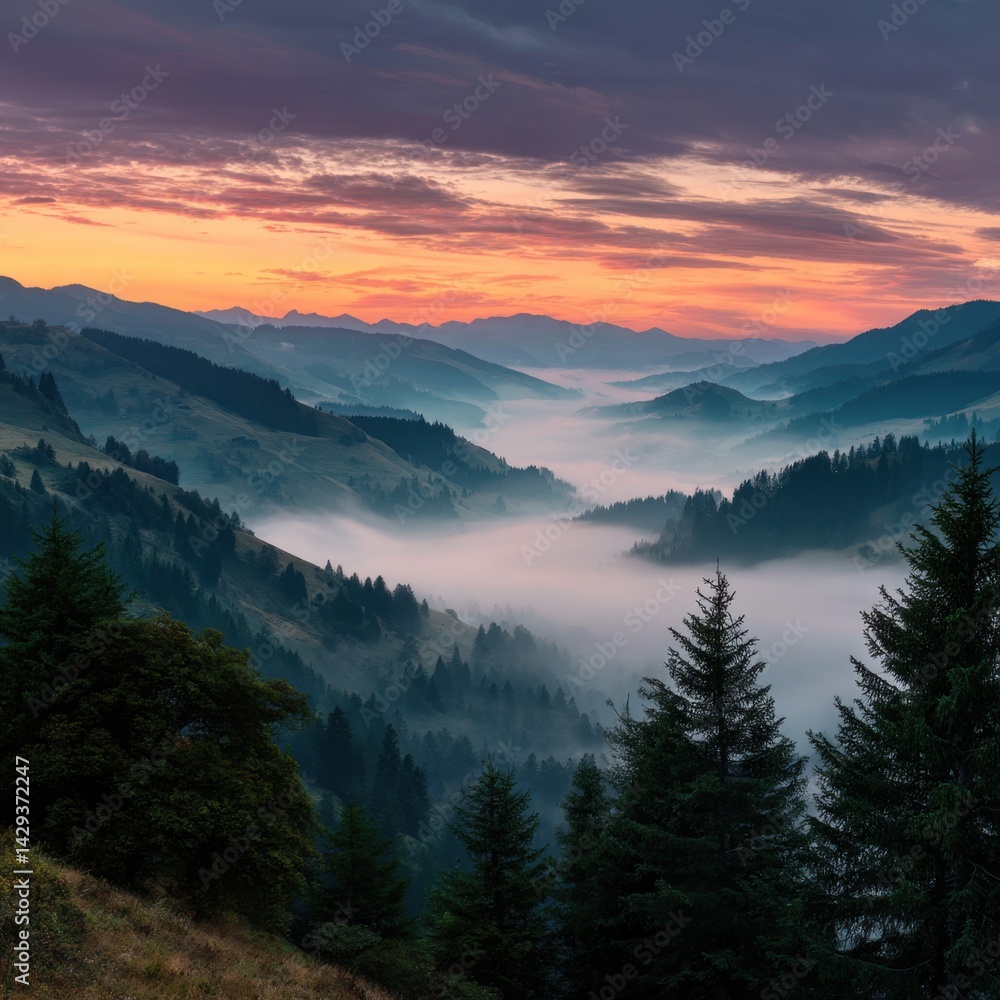 Obraz premium A serene mountain landscape at dawn, with mist covering the valleys and a colorful sky. 