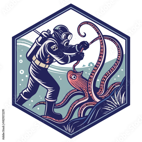 A lone deep-sea diver bravely battles a colossal, bioluminescent giant squid within a massive, submerged octopus's lair.