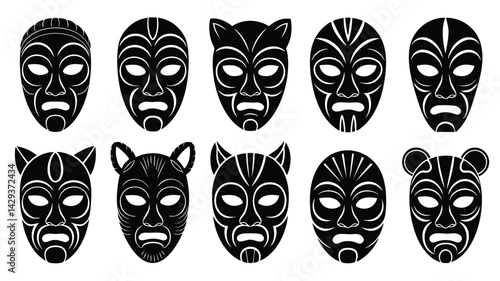 This image showcases a set of stylized, tribal masks in a simple black and white silhouette format